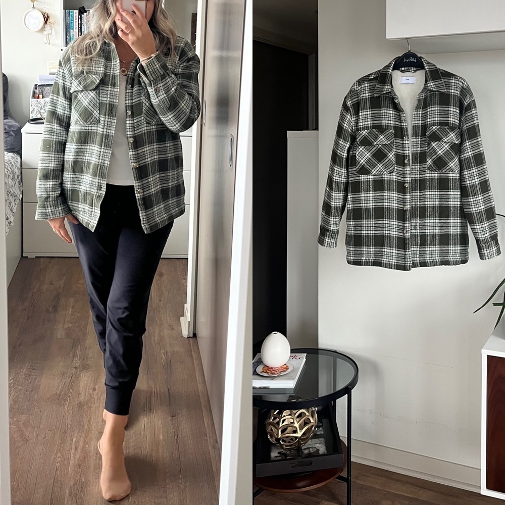 Aritzia Tna Green Plaid Utility Casual Sherpa Cozy Outdoor Comfy Jacket Sz S